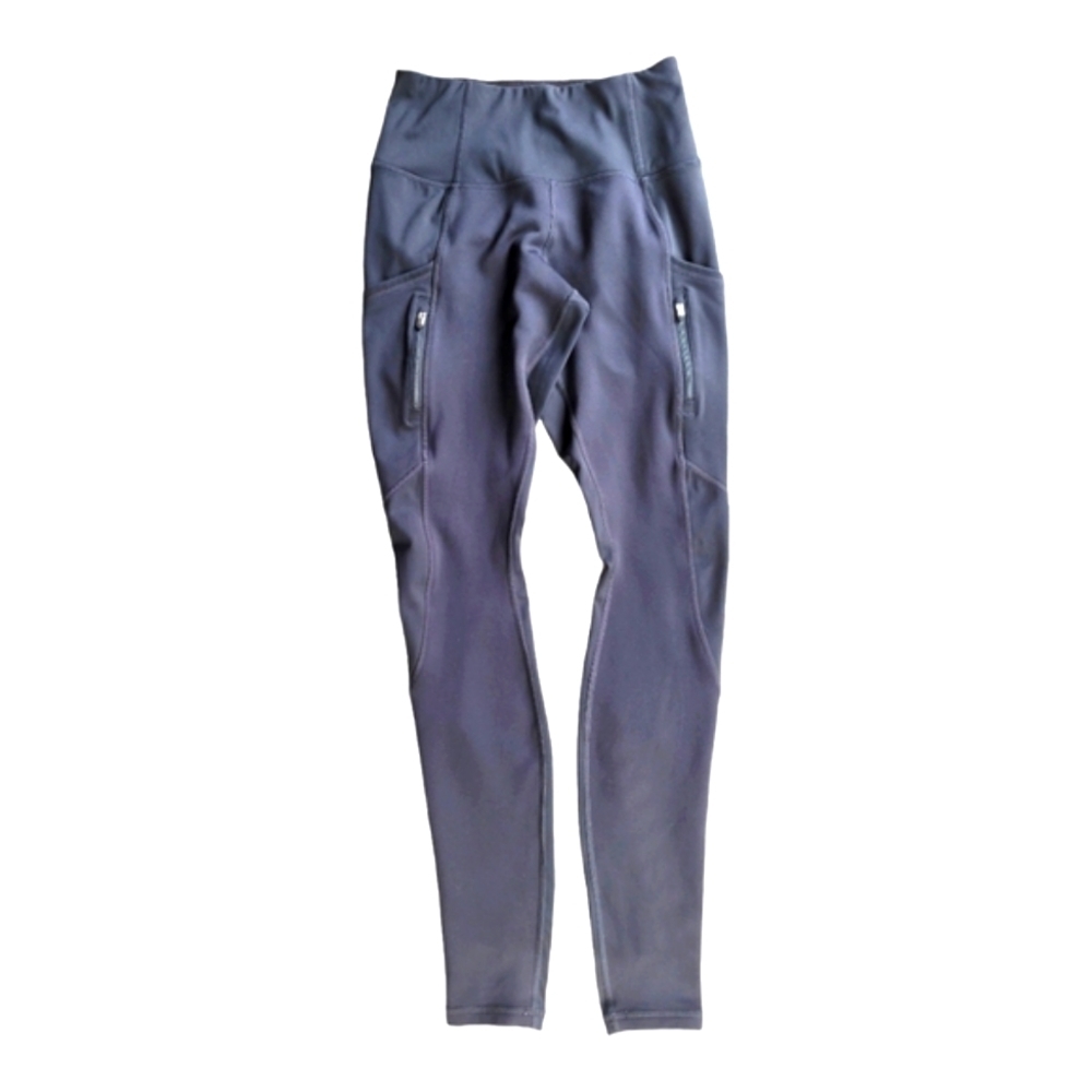 ATHLETA Black High Traverse Double Zip, Double Pocket Reflective Strip Leggins
